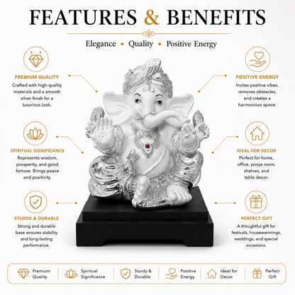 Silver Ganesha Idol with Black Wooden Base – Premium Home Decor & Gift
