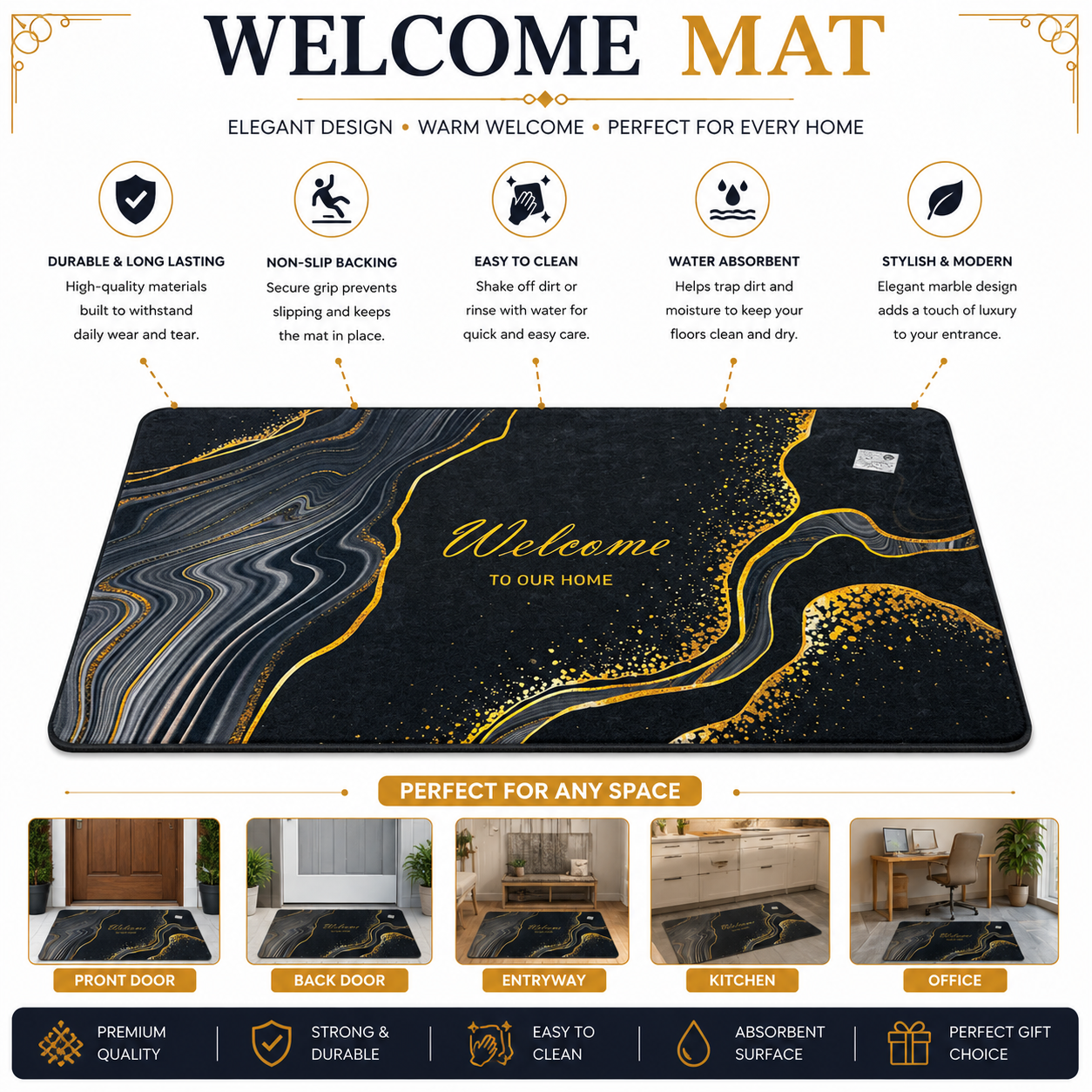 Welcome To Our Home Door Mat | Black Gold Marble Design | Anti-Slip | Premium Quality