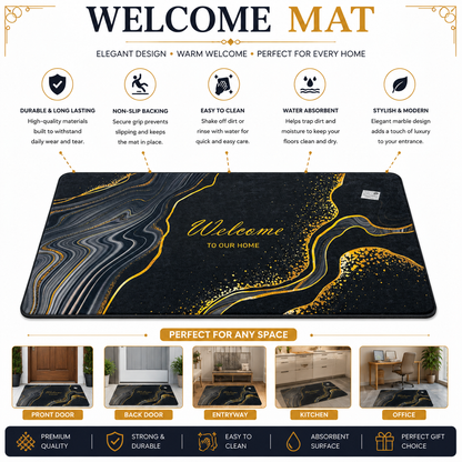 Welcome To Our Home Door Mat | Black Gold Marble Design | Anti-Slip | Premium Quality