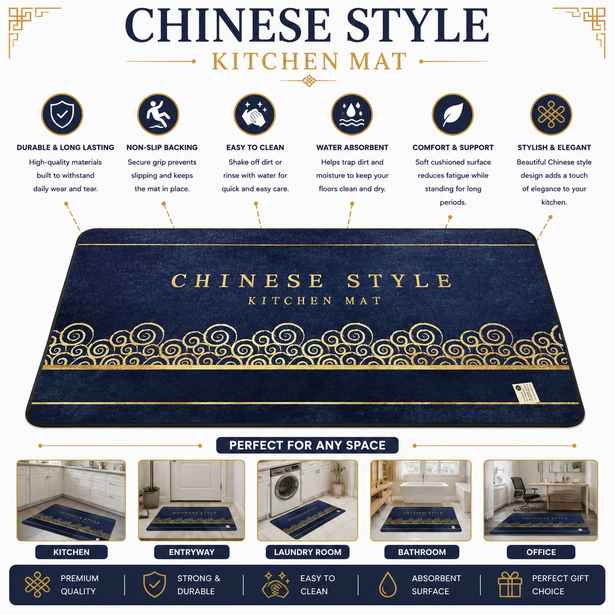 Chinese Style Kitchen Mat | Navy Blue Gold Ornamental Design | Anti-Slip | Premium Quality