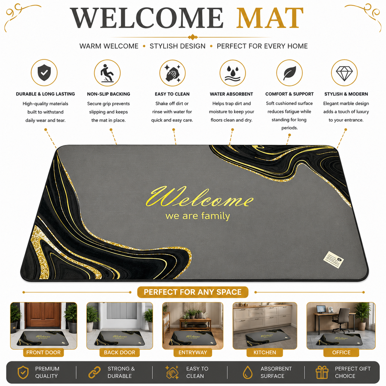 Welcome We Are Family Door Mat | Grey Black Marble Gold Glitter Design | Anti-Slip | Premium Quality