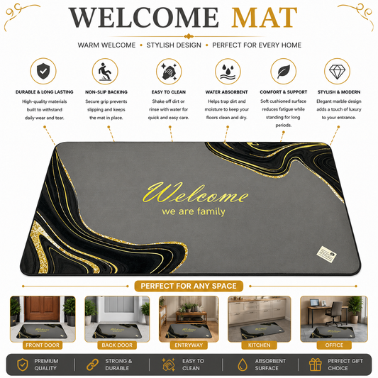 Welcome We Are Family Door Mat | Grey Black Marble Gold Glitter Design | Anti-Slip | Premium Quality