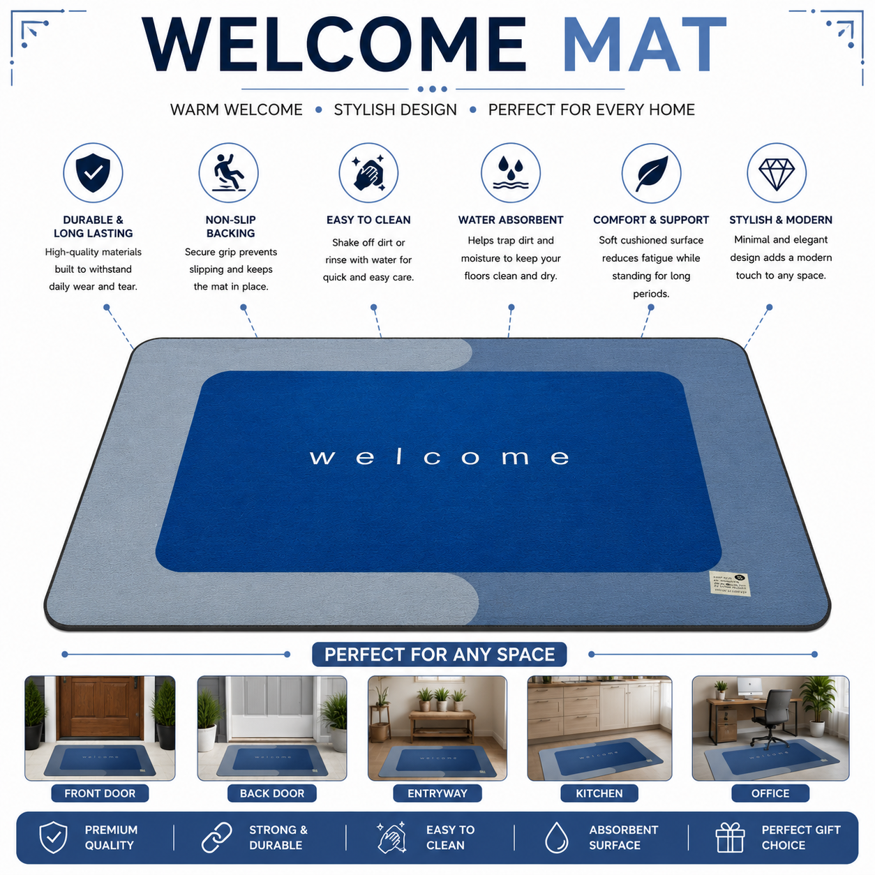 Welcome Door Mat | Royal Blue Minimal Design | Anti-Slip | Premium Quality