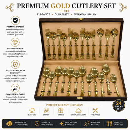 Gold Plated Cutlery Set | 24 Piece | Hammered Handle | Luxury Gift Box | Premium Dining