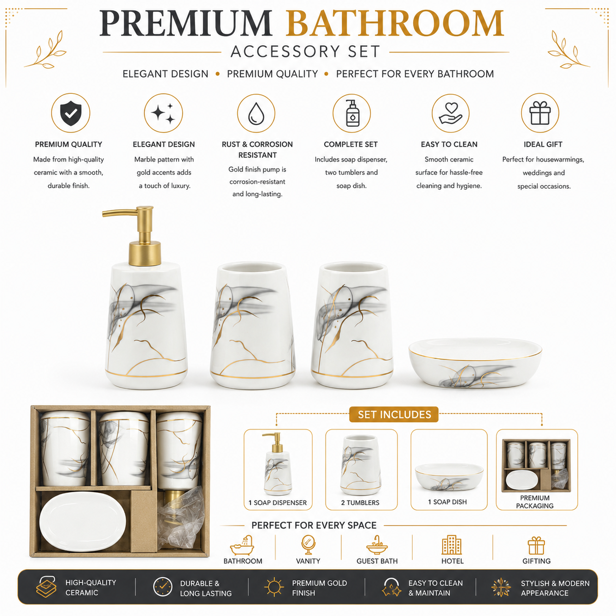 Ceramic Bathroom Accessories Set - 4 Piece (Bamboo Design, Gold Trim)
