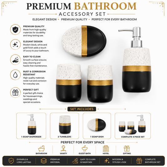 Ceramic Bathroom Accessories Set - 4 Piece (Black & White Speckled, Gold Band)