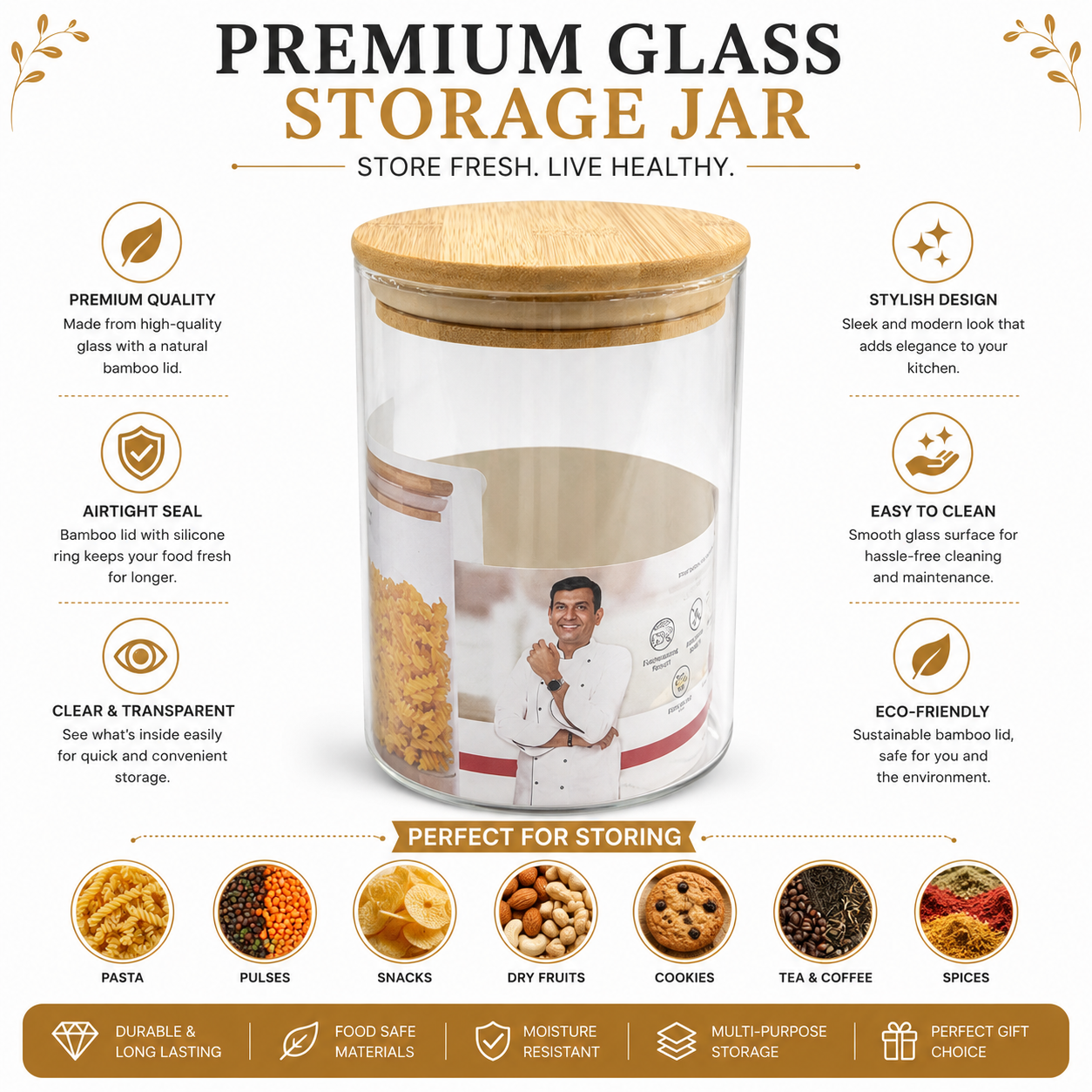 Sanjeev Kapoor Delight 1000ml Borosilicate Glass Jar with Bamboo Lid