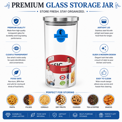 Sanjeev Kapoor Classic 750ml Borosilicate Glass Jar with Steel Lid