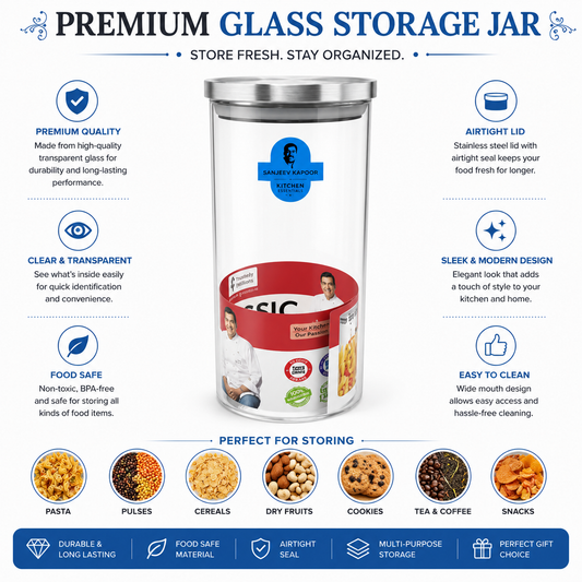 Sanjeev Kapoor Classic 750ml Borosilicate Glass Jar with Steel Lid