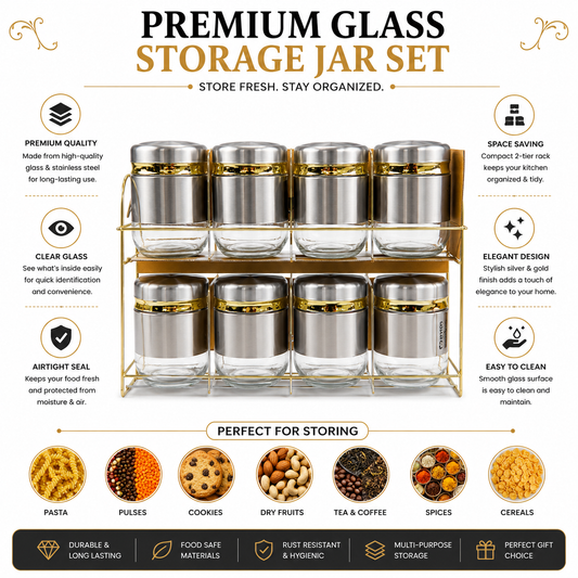 8 Piece Glass Storage Jar Set with Gold Metal Rack | Spice & Kitchen Organizer