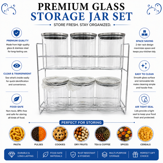 6 Piece Glass Canister Set with Chrome Metal Stand | Kitchen Storage Organizer