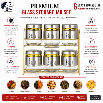 Born Chef 6 Piece Glass Spice Jar Set with Gold Metal Rack | Kitchen Storage Organizer