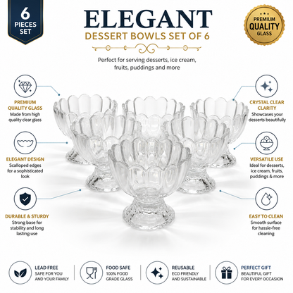 Rohn Ice Cream Cup Set 6 Pcs - Crystal Clear Glass Footed Dessert Cups