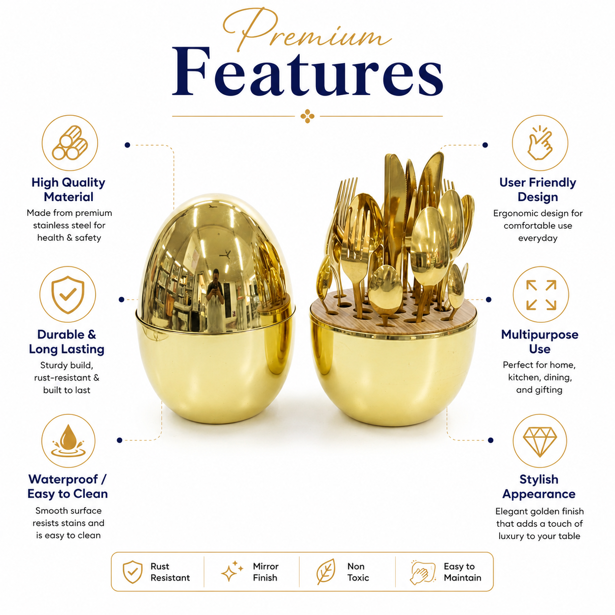 Luxury 24 Pcs Gold Stainless Steel Flatware Set with Decorative Egg-Shaped Case | Premium Gift Box