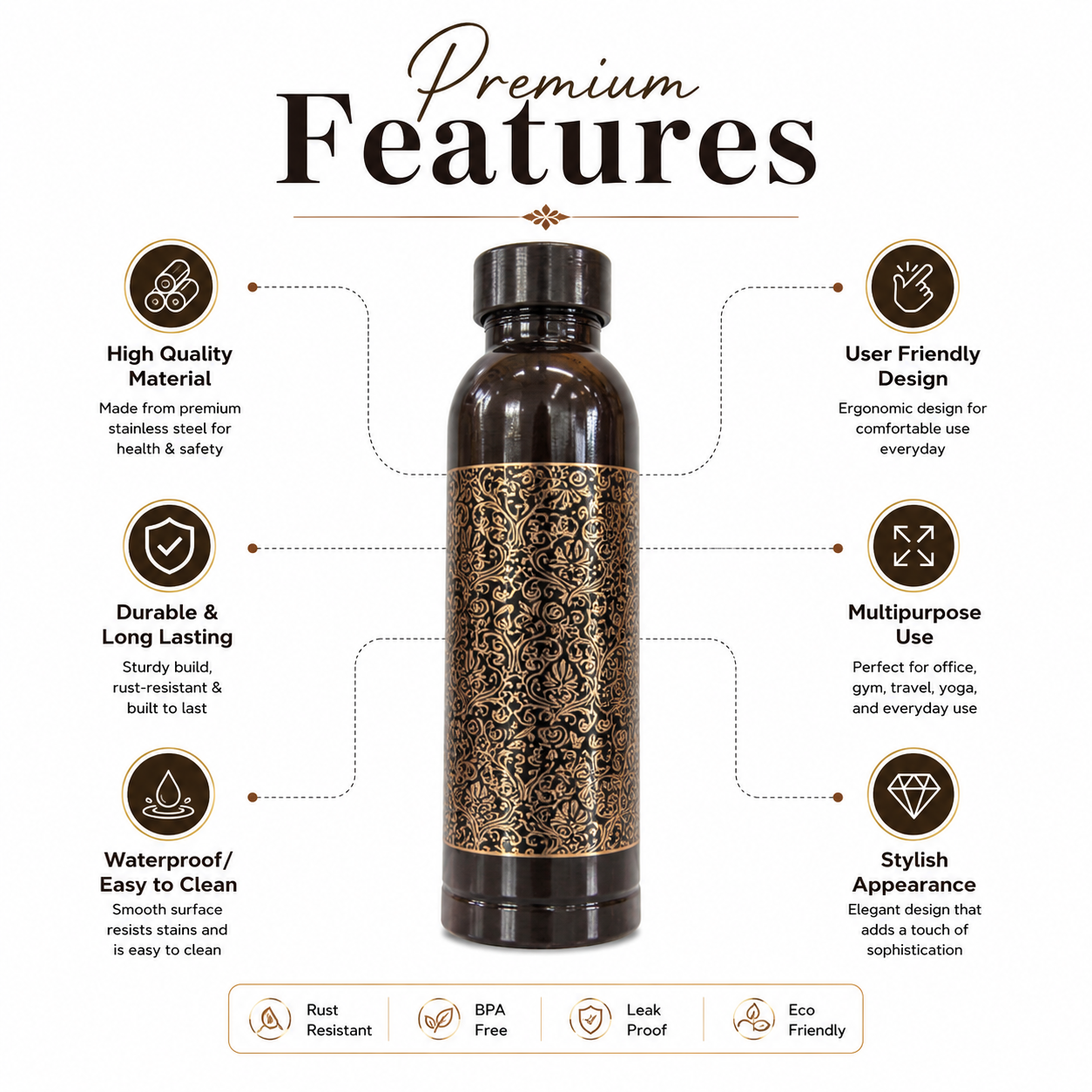 Tamra-Veda by Sanjeev Kapoor Handmade Copper Bottle – Intricate Floral Engraving | Ayurvedic Copper Water Bottle