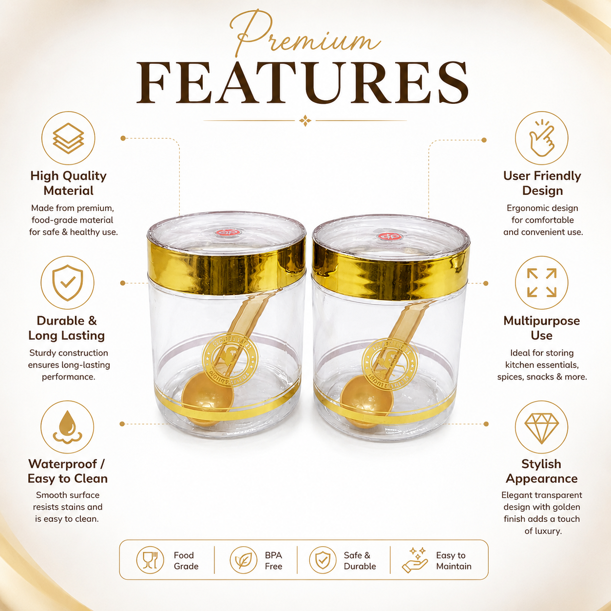 Sanjeev Kapoor Premium Homeware Dazzle Jars – Set of 2 | 800ml Clear Glass Jars with Gold Lid & Spoon