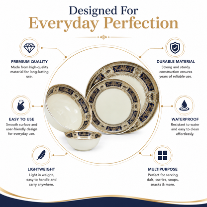 33 Pcs Royal Ceramic Dinner Set | Navy Blue & Gold Floral Border | Premium Tableware