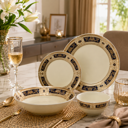 33 Pcs Royal Ceramic Dinner Set | Navy Blue & Gold Floral Border | Premium Tableware