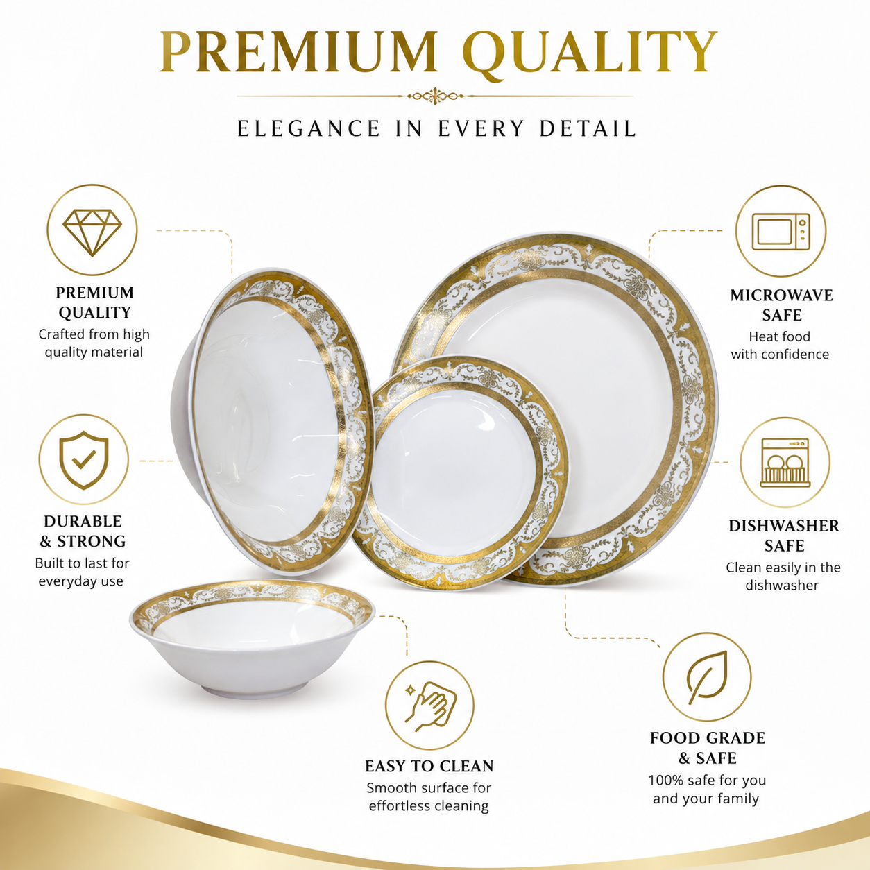 33 Pcs Royal Gold Baroque Ceramic Dinner Set | Premium White & Gold Tableware