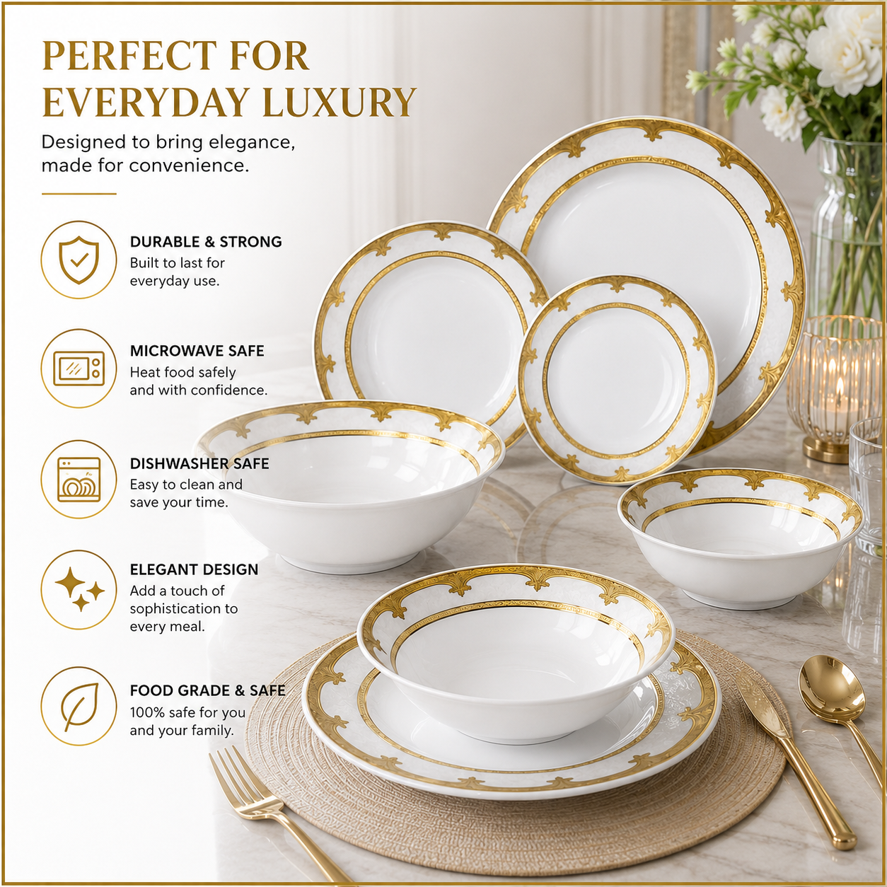 33 Pcs Royal Gold Fleur-de-lis Ceramic Dinner Set | Premium White & Gold Tableware