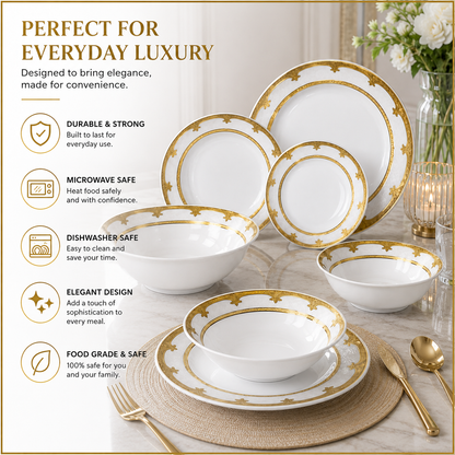 33 Pcs Royal Gold Fleur-de-lis Ceramic Dinner Set | Premium White & Gold Tableware