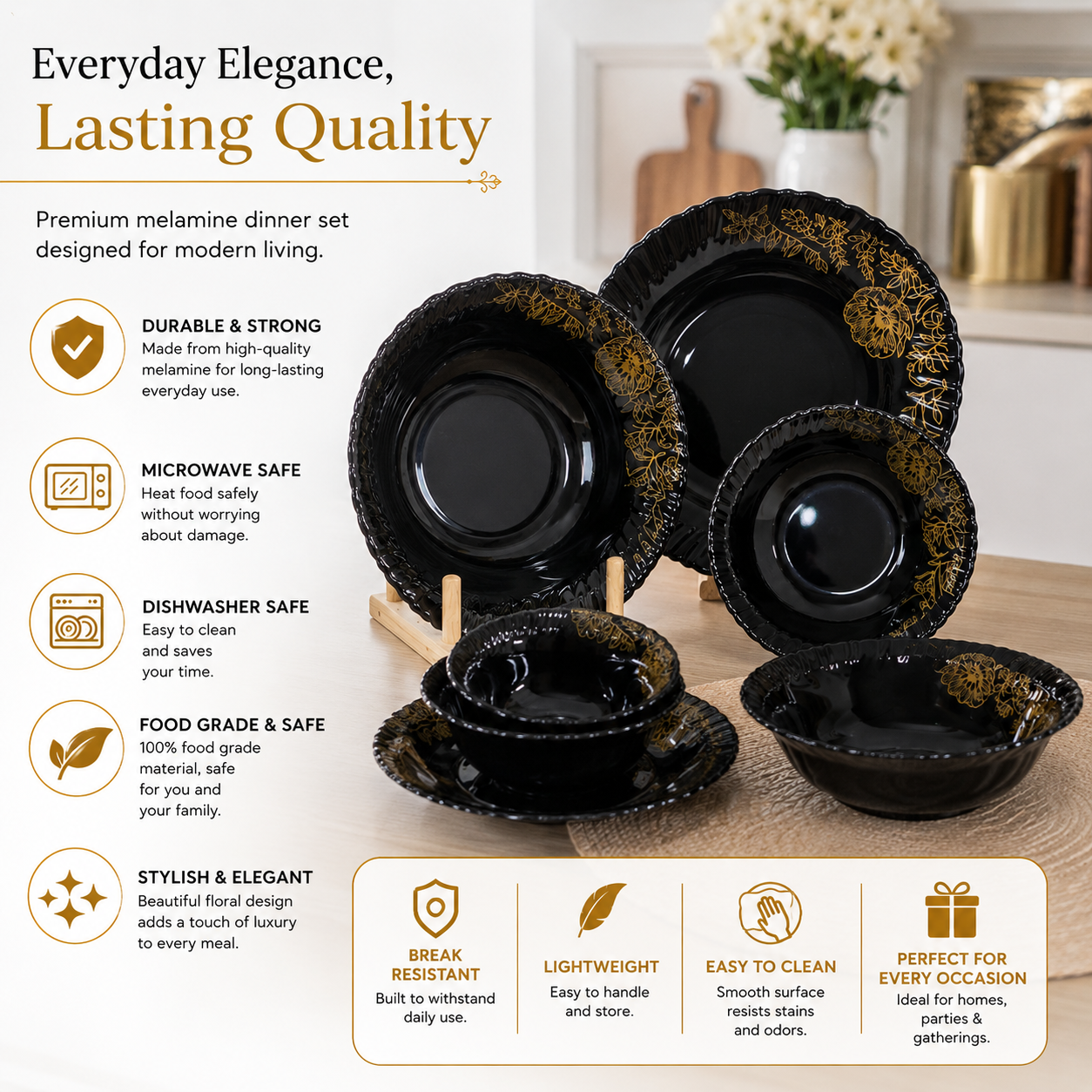 33 Pcs Black Glassware Dinner Set | Gold Floral Engraved | Premium Glass Tableware