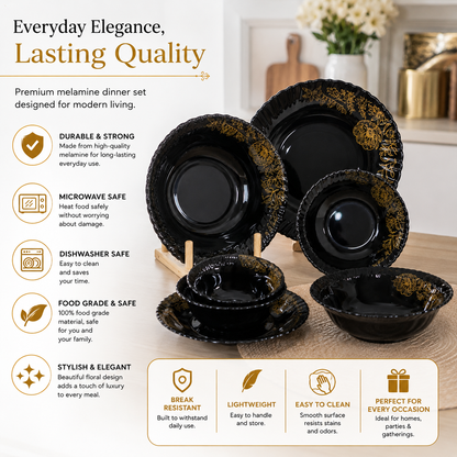 33 Pcs Black Glassware Dinner Set | Gold Floral Engraved | Premium Glass Tableware