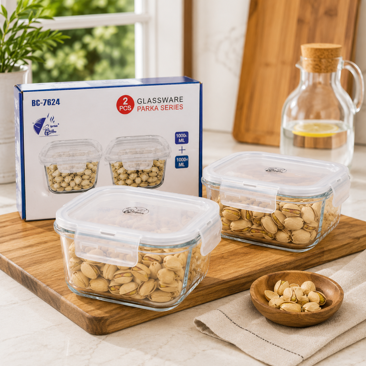 Born Chef Glassware Parka Series Square Container Set 2Pcs 1000ml