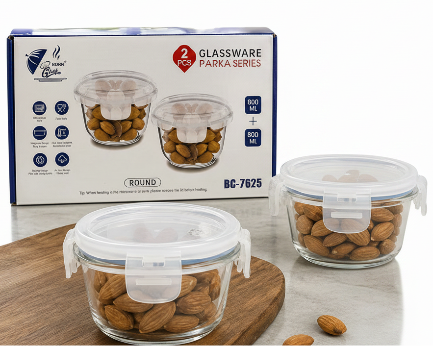 Born Chef Glassware Parka Series Round Container Set 2Pcs 800ml