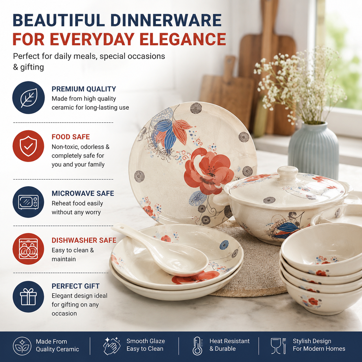 Born Chef 32 PC Tableware Melamine Dinner Set - Red Floral Design