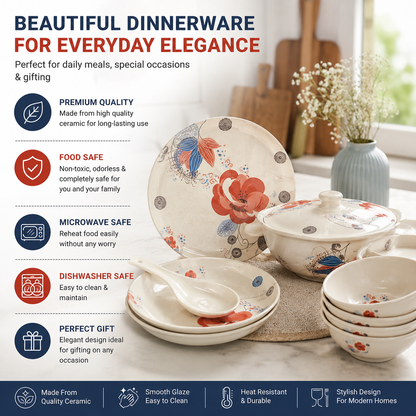 Born Chef 32 PC Tableware Melamine Dinner Set - Red Floral Design