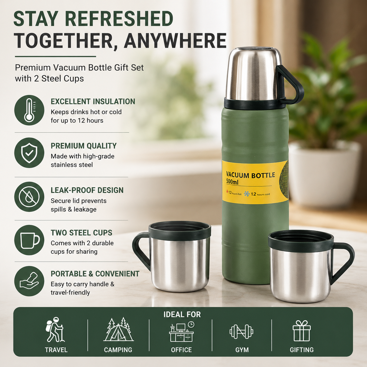 Mountain Adventure Travel Vacuum Flask Set | 2 Stainless Steel Cups | 12 Hours Hot & Cold