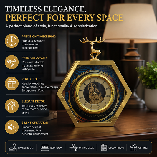 Hexagonal Skeleton Table Clock | Gold & Blue | Deer Figurine | Premium Décor