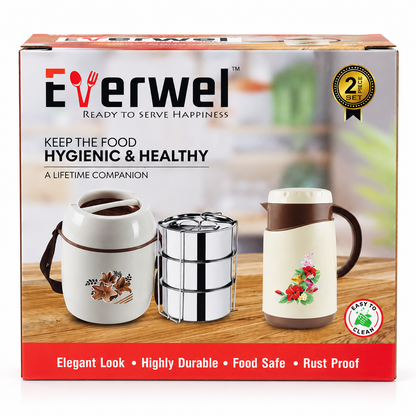 Everwel cream and brown 2-piece insulated serving jug and tiffin carrier set with steel interiors