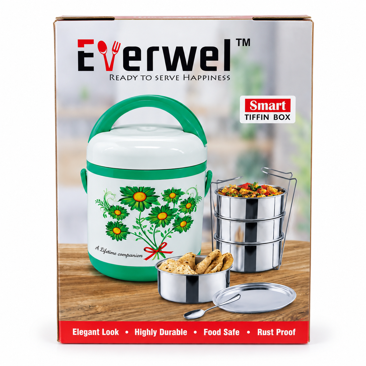 Everwel Insulated Smart Tiffin Box with 3-Tier Steel Containers, Green