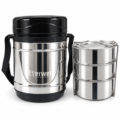 Everwel Insulated Lunch Box with 3 Steel Containers and 1 Salad Dabbi