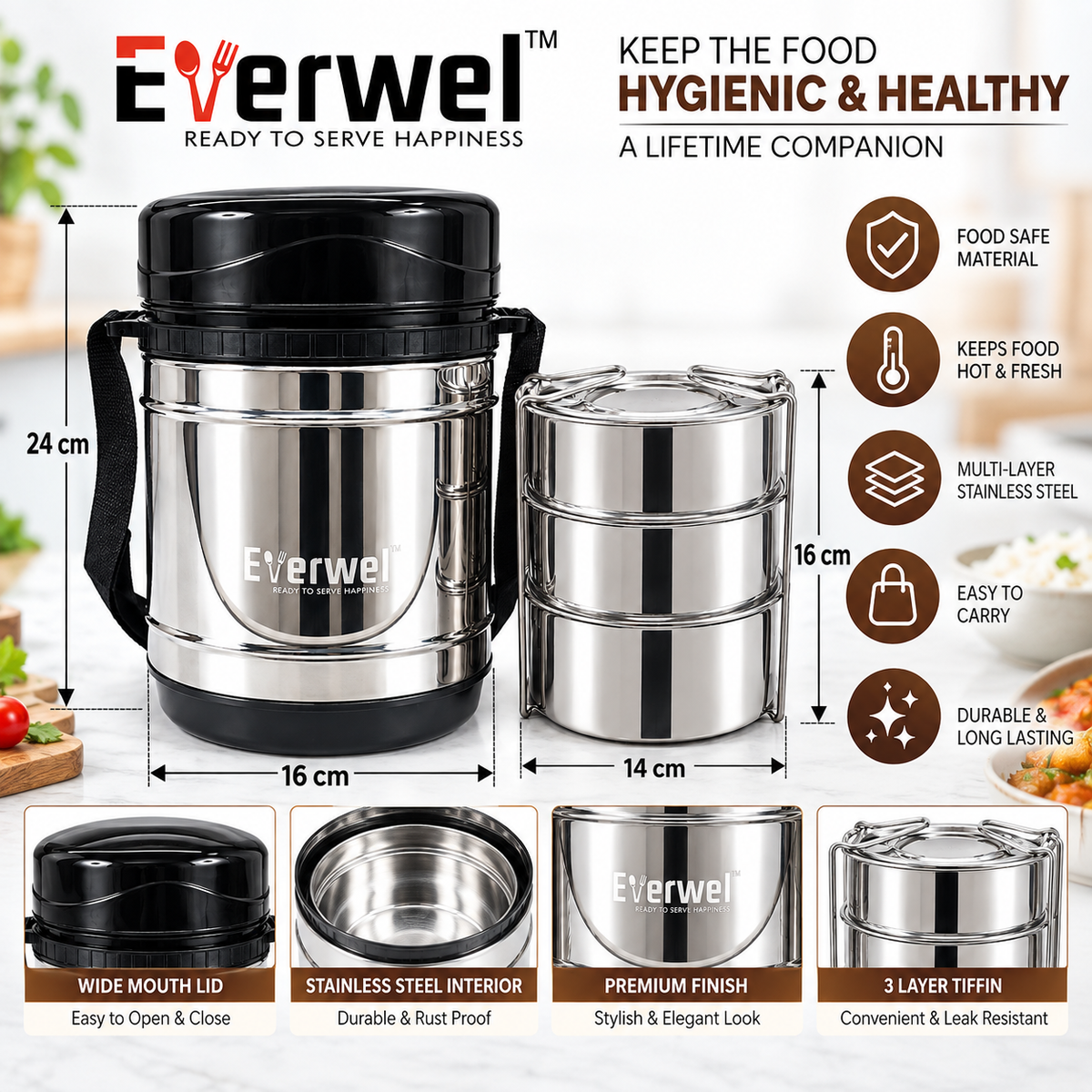 Everwel Insulated Lunch Box with 3 Steel Containers and 1 Salad Dabbi