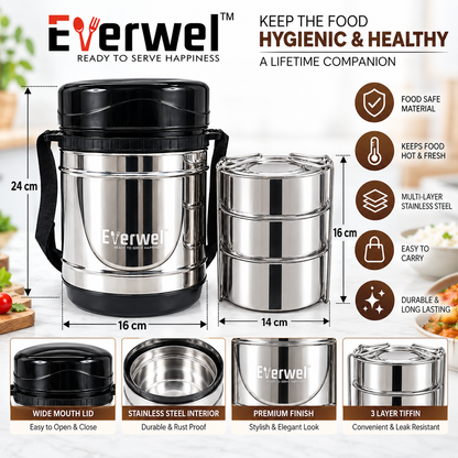 Everwel Insulated Lunch Box with 3 Steel Containers and 1 Salad Dabbi