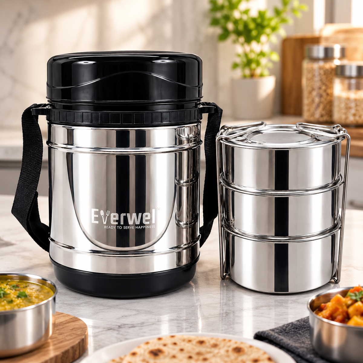 Everwel Insulated Lunch Box with 3 Steel Containers and 1 Salad Dabbi