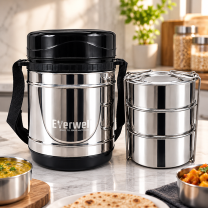 Everwel Insulated Lunch Box with 3 Steel Containers and 1 Salad Dabbi