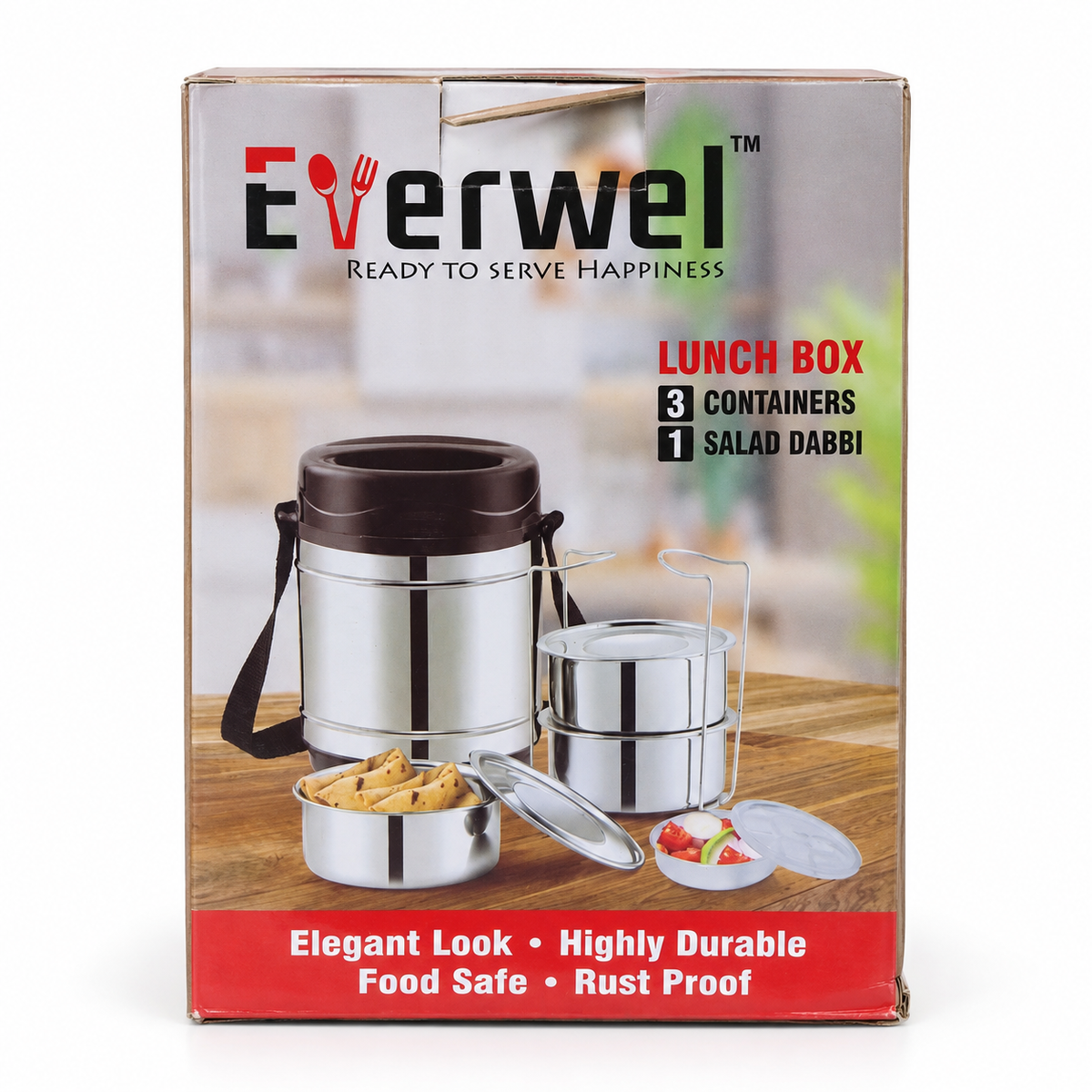 Everwel Insulated Lunch Box with 3 Steel Containers and 1 Salad Dabbi