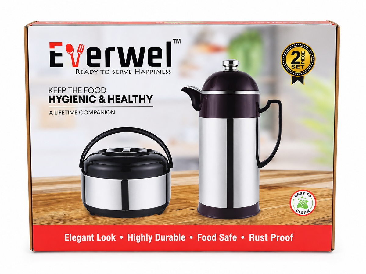 Everwel silver and black 2-piece insulated casserole and serving jug set in retail packaging
