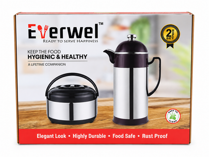 Everwel silver and black 2-piece insulated casserole and serving jug set in retail packaging
