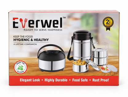 Everwel silver and black 2-piece insulated casserole and tiffin food carrier set in retail packaging