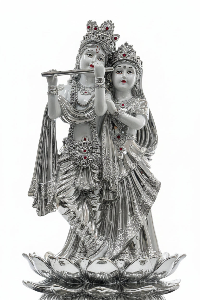 Radha Krishna Silver Figurine | Divine Idol on Lotus Base | Puja & Home Decor