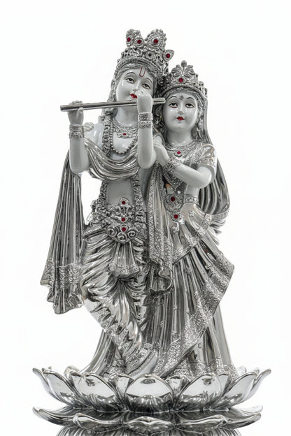 Radha Krishna Silver Figurine | Divine Idol on Lotus Base | Puja & Home Decor