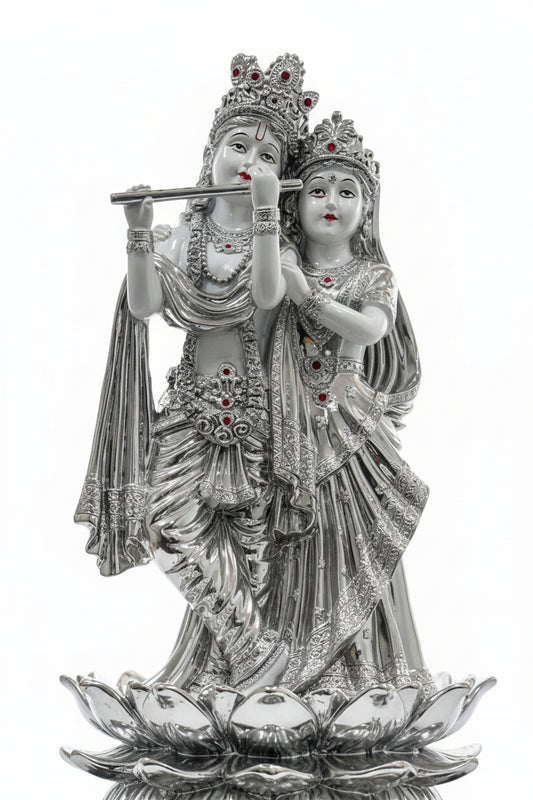 Radha Krishna Silver Figurine | Divine Idol on Lotus Base | Puja & Home Decor