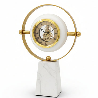 Luxury Marble & Gold Skeleton Table Clock | Roman Numeral Desk Clock