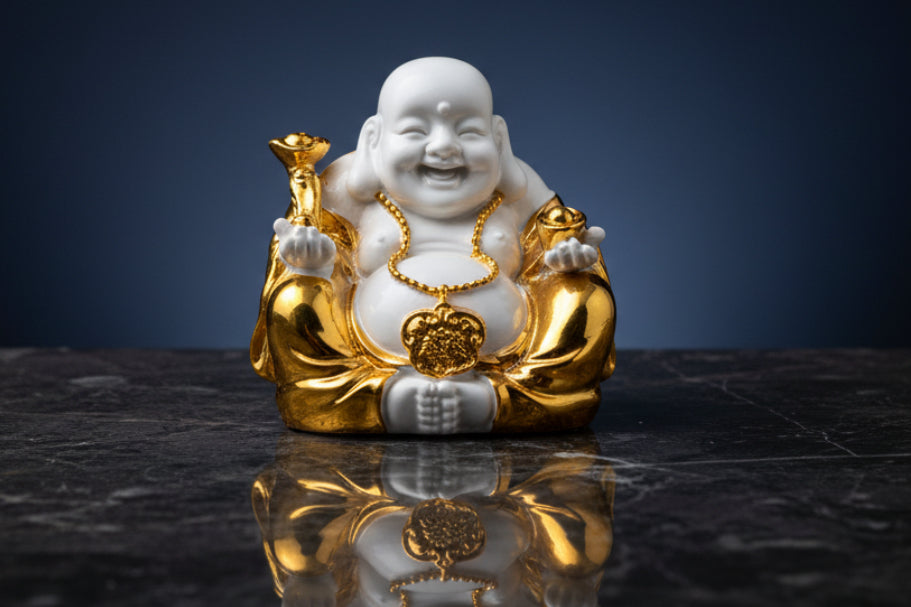 Sitting Laughing Buddha Figurine – White & Gold | Feng Shui Wealth Statue