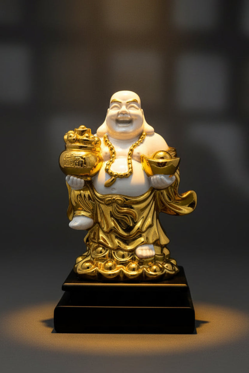 Laughing Buddha Figurine – White & Gold | Feng Shui Wealth Statue